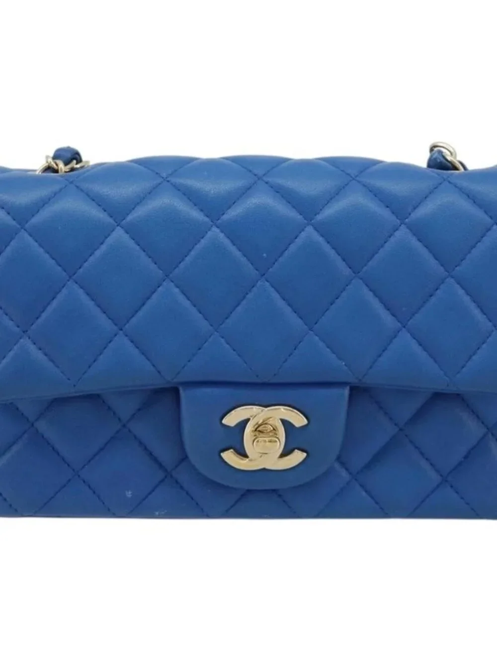 CHANEL Mini Matelasse 19 Chain Bag Lamb Skin Blue Gold CC Auth 182032SAV
